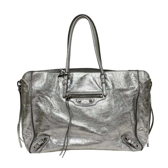 Auth BALENCIAGA Papier B4 Zip Around Silver Leather Tote Bag - Picture 1 of 11